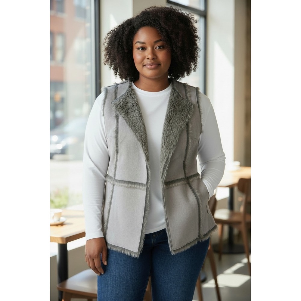 Tribal Grey Faux Suede‎ Fur Lined Vest Open Front 2542O-2189 Small